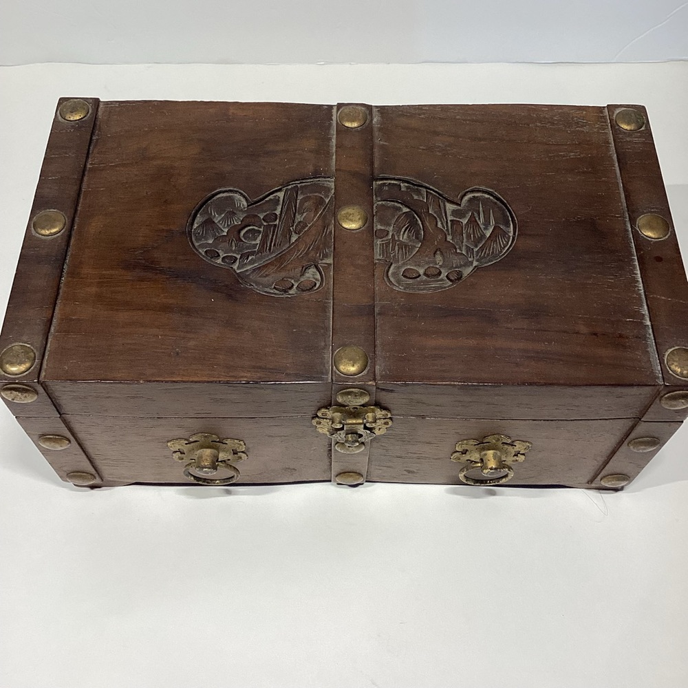 Vtg Old Asian wooden Hand carved Jewelry Music Box Mirror Brass accents works
